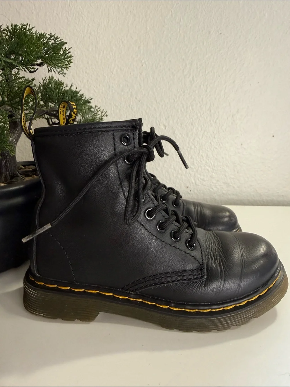 Dr. Martens 1460 Kids size 11 black  Leather Lace-Up Ankle Boots with Yellow
